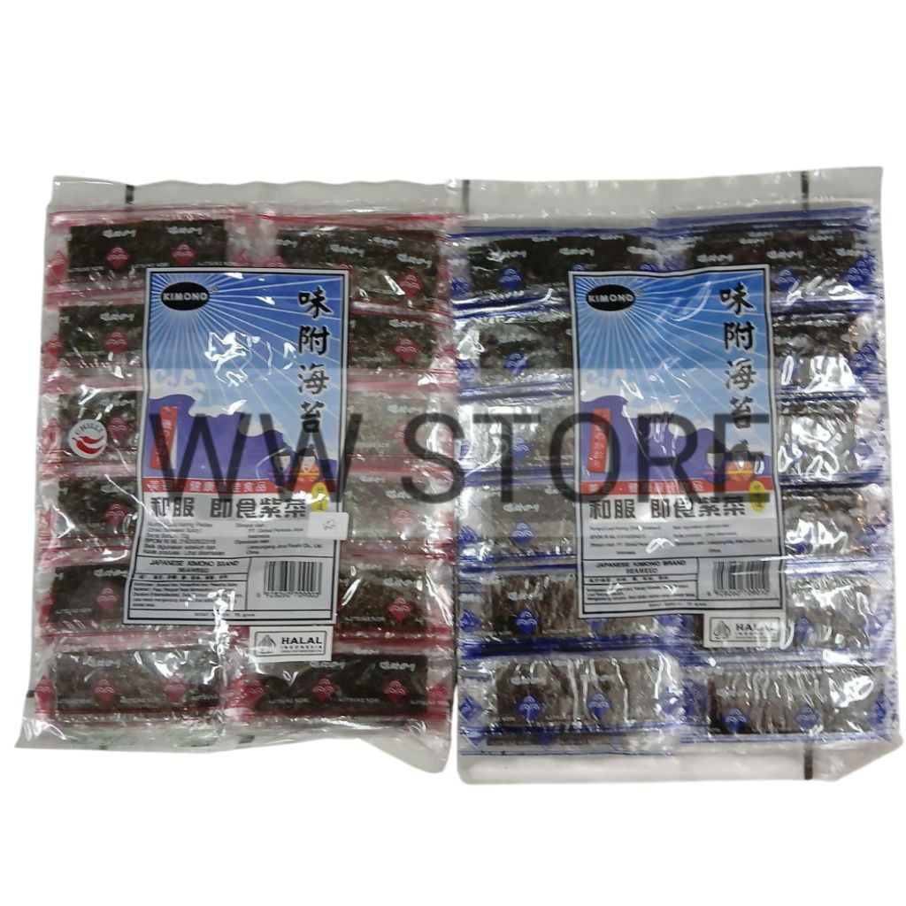 

Cemilan snek makanan ringan rumput laut kering nori rasa asli pedas halal MUI KIMONO BRAND Original / Spicy Dried Seaweed 70g