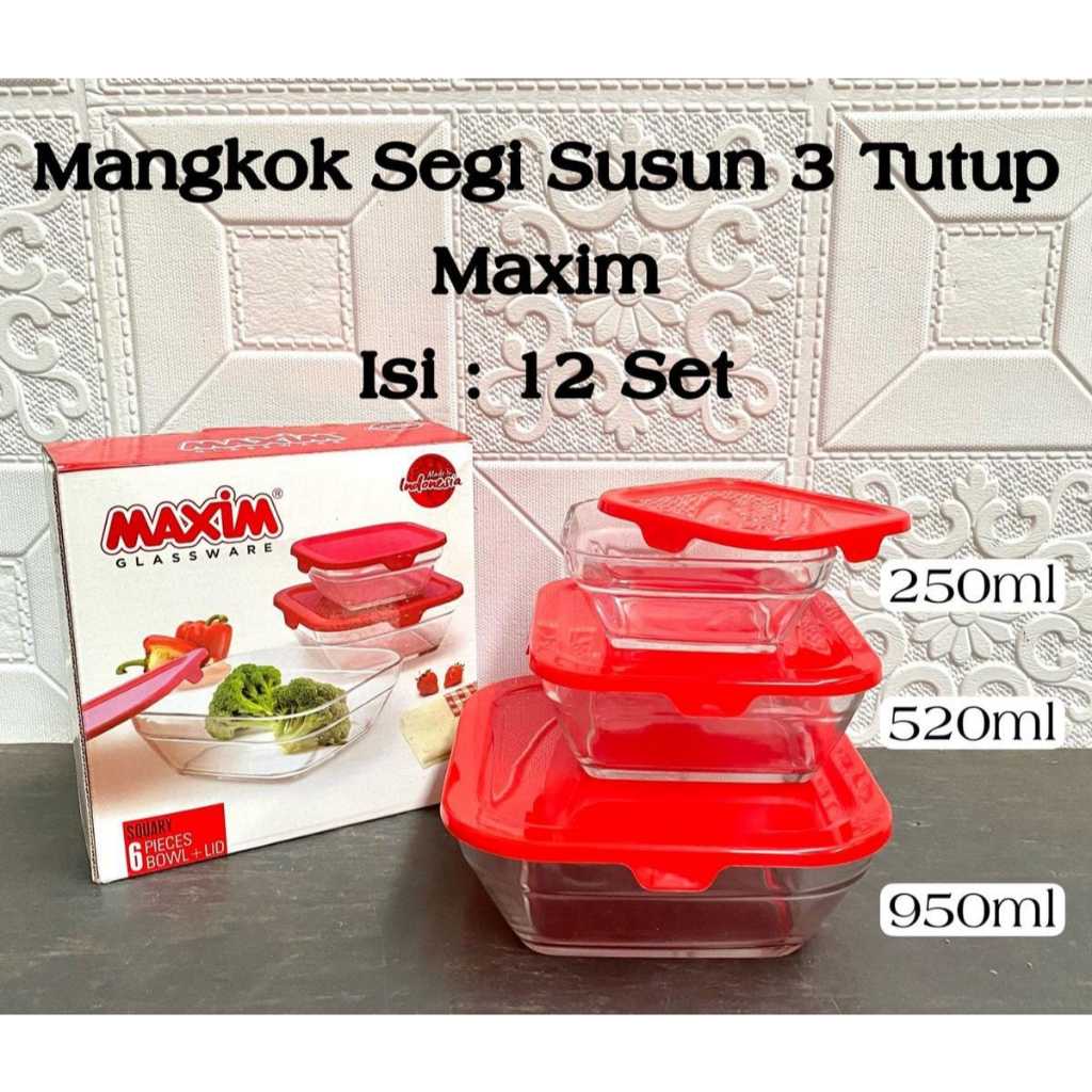 1 Set Mangkok Kaca Tutup Kotak isi 3 Pcs |Mangkok Kaca |Mangkok Sayur |Mangkok Bekal |Mangkok Lucu S