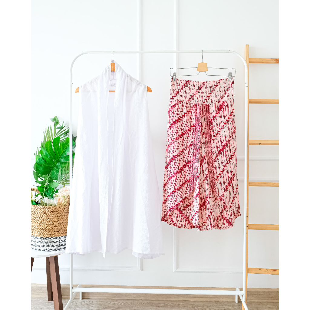 ONE SET BATIK WANITA OUTER BERLENGAN BATIK KULOT BATIK MERAH PARANG CELANA HIGHWIST PANTS CELANA PAN