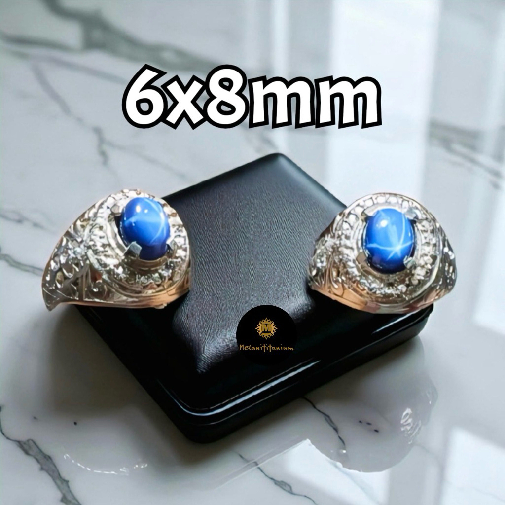 Cincin Batu American Star Biru 6x8mm Ring Alpaka