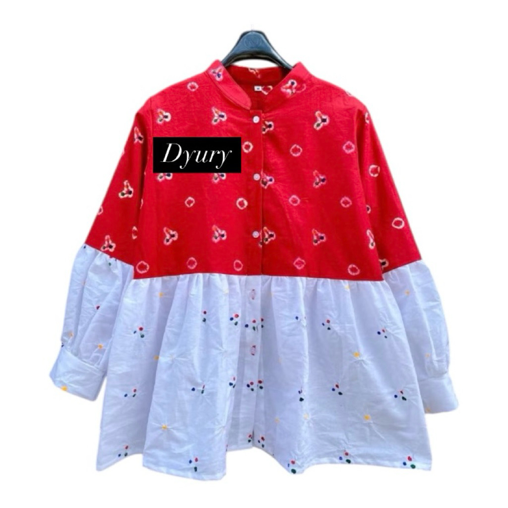 Atasan Blus Batik Kombinasi Merah Putih Wanita Lengan Panjang Modern