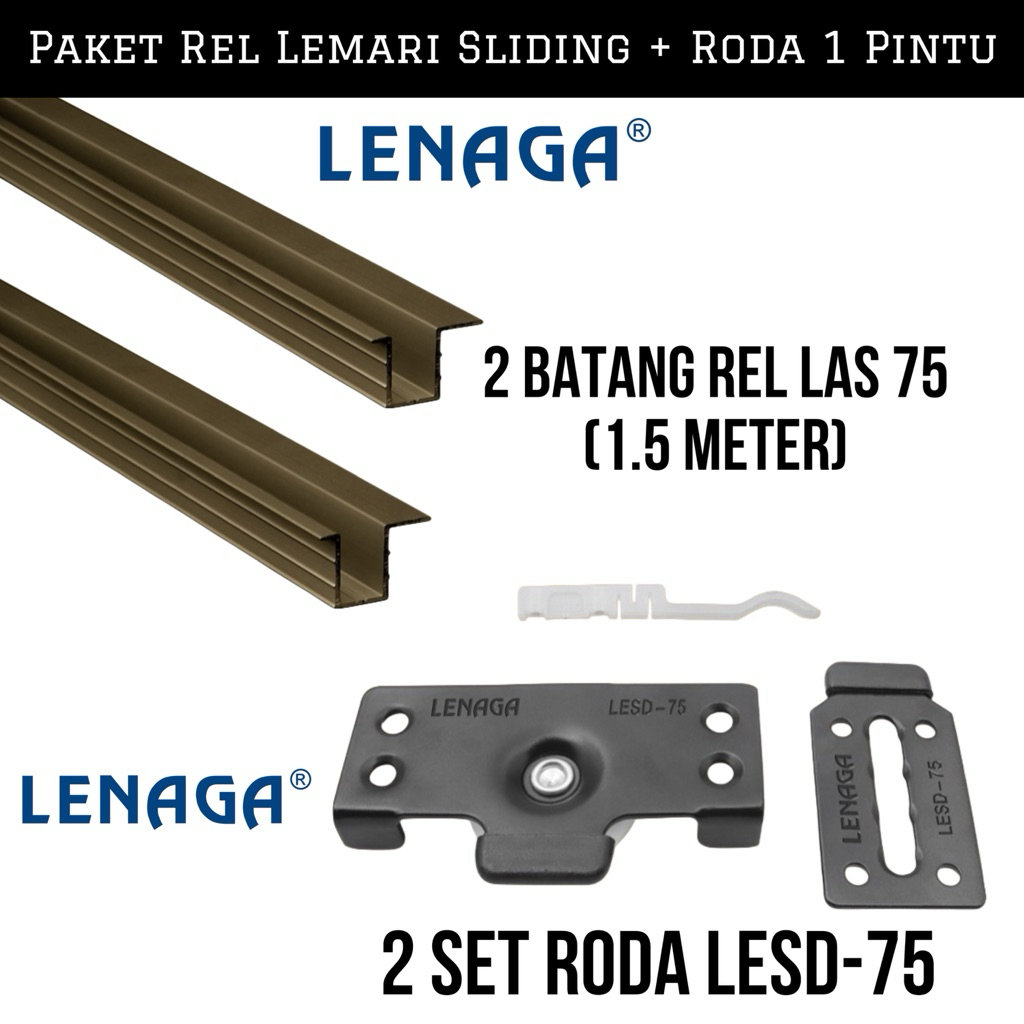(1 pintu ) Rel lemari sliding As 75 Lenaga 2 Batang rel as 75 + 2 Set roda sd 753 Huben Paket 1 pint