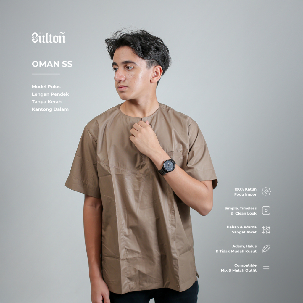 Koko Oman Sultan Lengan Panjang Tanpa Kerah Baju Koko Polos Pria Dewasa Santri Pria