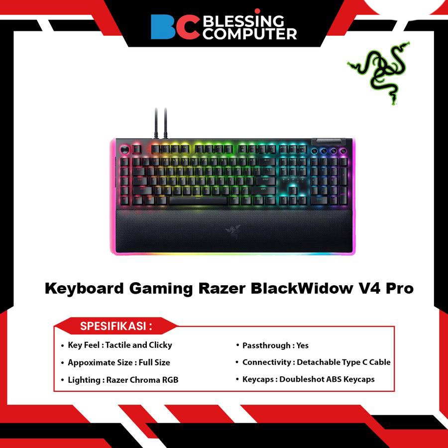 Razer BlackWidow V4 Pro - Keyboard Gaming Mekanik Full Size dengan Razer Mechanical Switches dan Wrist Rest Kulit Sintetis Magnetik