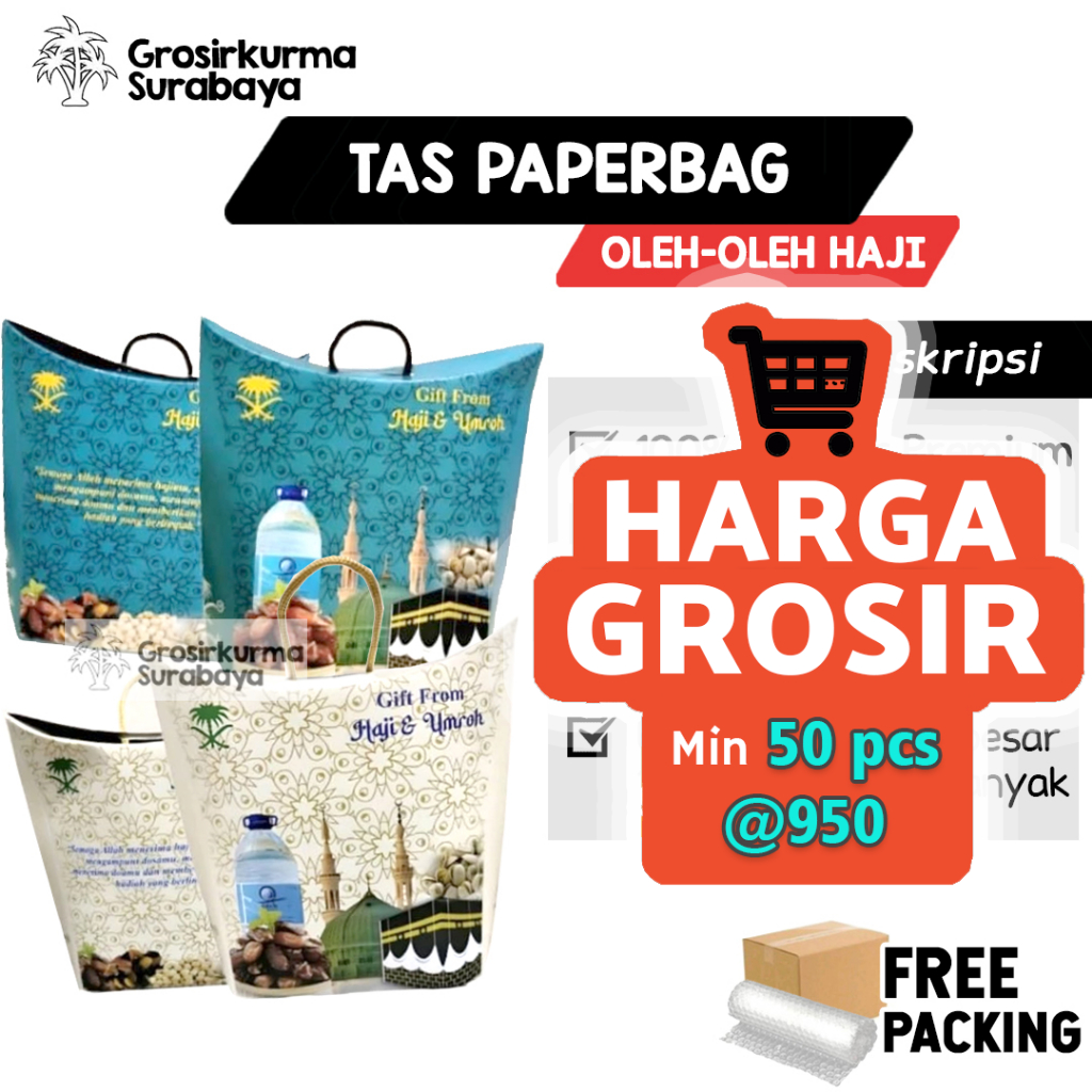 

HARGA GROSIR Min. 50pcs TAS OLEH OLEH HAJI UMROH Model Jinjing Kualitas Tebal Premium Kosong Dilipat Souvenir Paperbag Besar