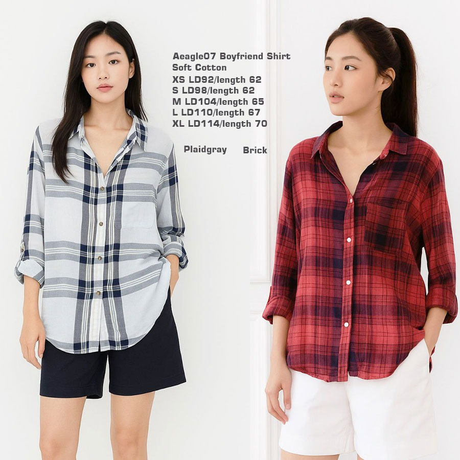 [shp] AMERICAN EAGLE 07 Lightweight Boyfriend Shirt - Baju Atasan Kemeja Motif Kotak Kotak Lengan Pa