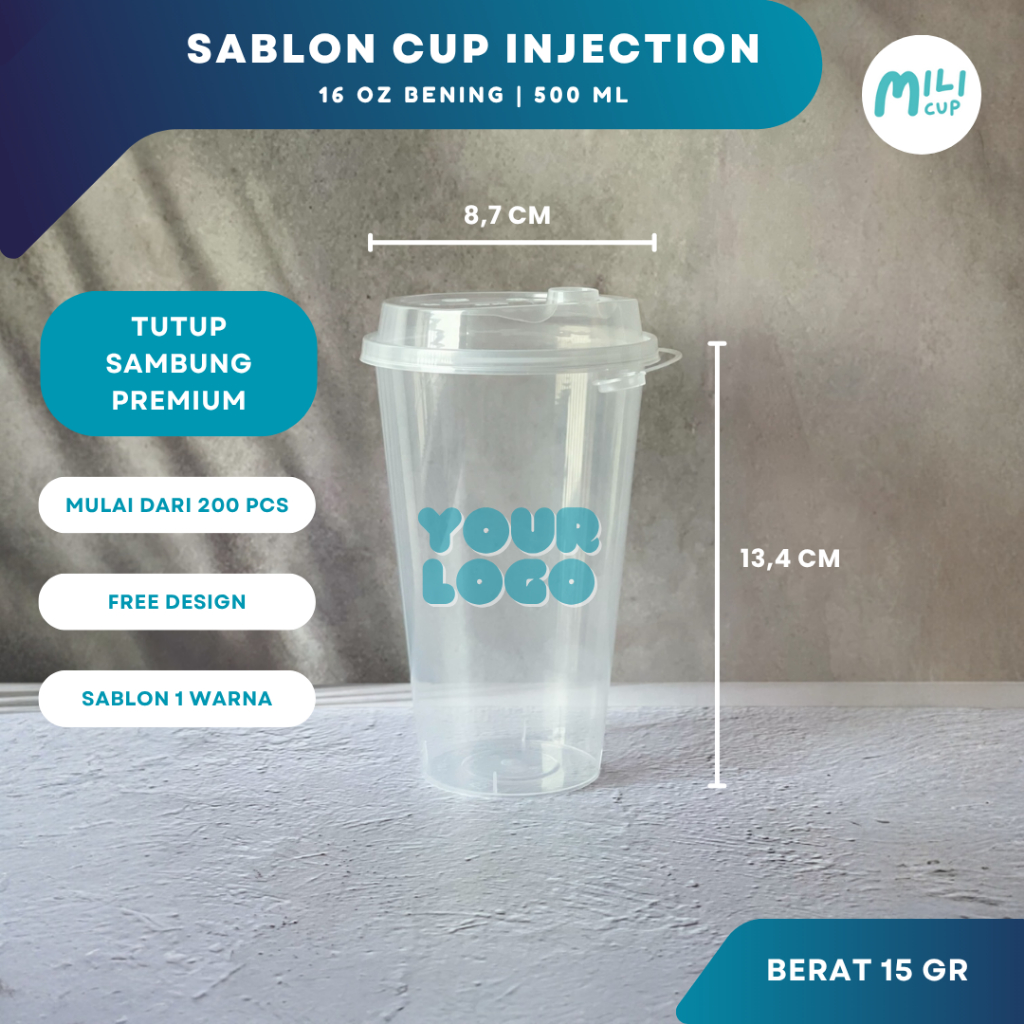 Sablon Gelas Cup Plastik Injection 16 Oz Datar Bening + Tutup Sambung / Flip
