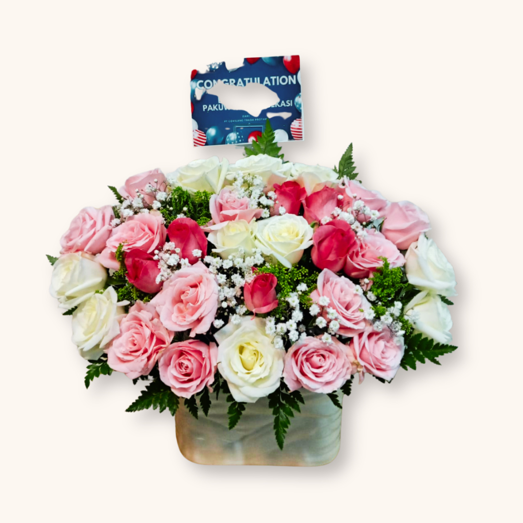 

Flower Box Congratulations/Table Flower Grand Opening/Buket Meja Elegan – Hadiah Wisuda / Anniversary / Grand Opening + Kartu Ucapan
