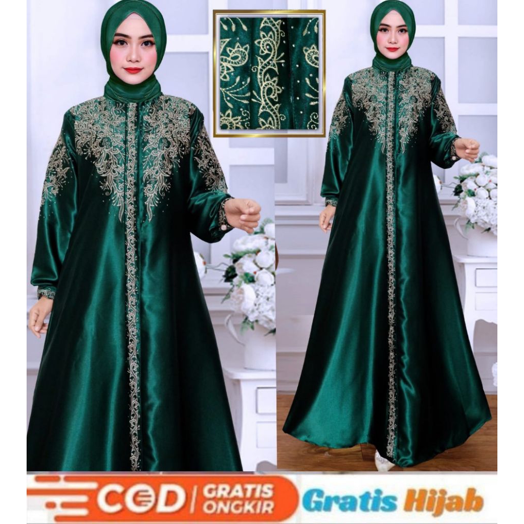 Free hijab gamis wanita viral terbaru kekinian ready sampai jumbo - gamis bordir satin Cristal premi