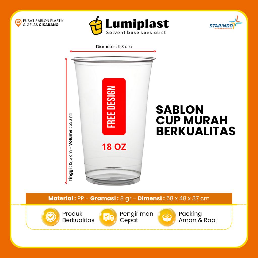 Sablon Cup Custom 18oz Datar 8gr Starindo Gelas Plastik Minuman Free Desain