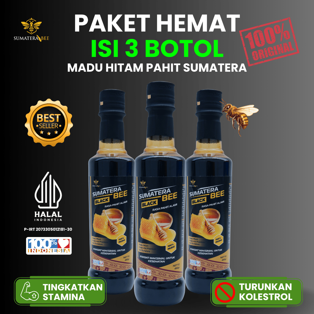 

Paket Hemat 3 Botol Madu Hitam Pahit SumateraBee 315gr | Madu Herbal Asli Hutan Sumatera