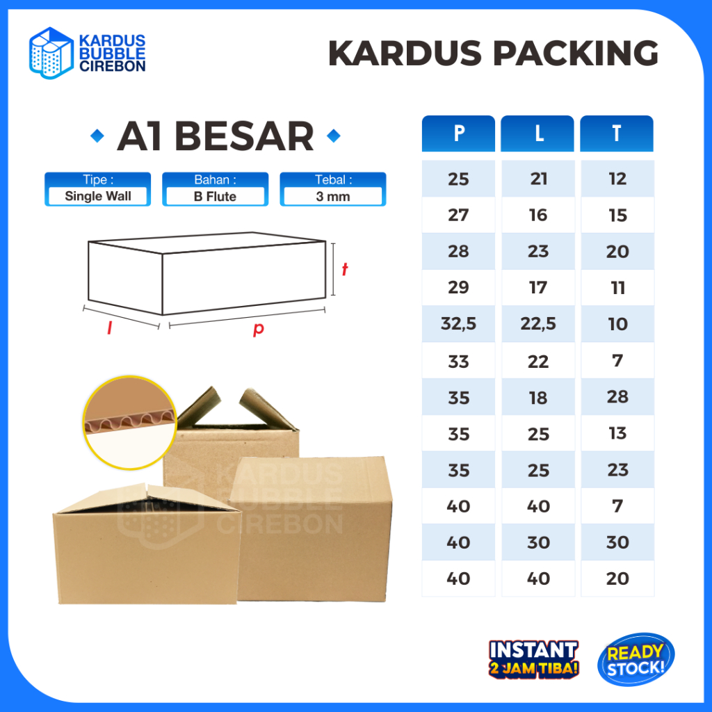 

Box Kardus untuk Packing Baju / Sepatu / Gift Box / Jaket / Hampers / dll - Ukuran A1 Besar & Sedang | Ukuran Kardus 25x21x12 cm hingga 50x40x20 cm | Min. 10 pcs