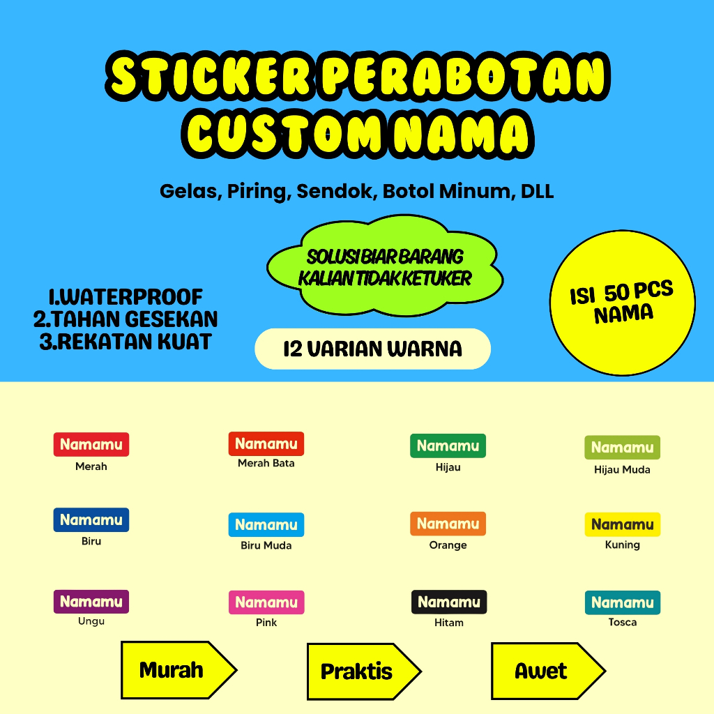 

50 Pcs Sticker Custom Nama Piring Sendok Gelas Botol Barang Perabotan Waterproof tibul Label Ajaibb