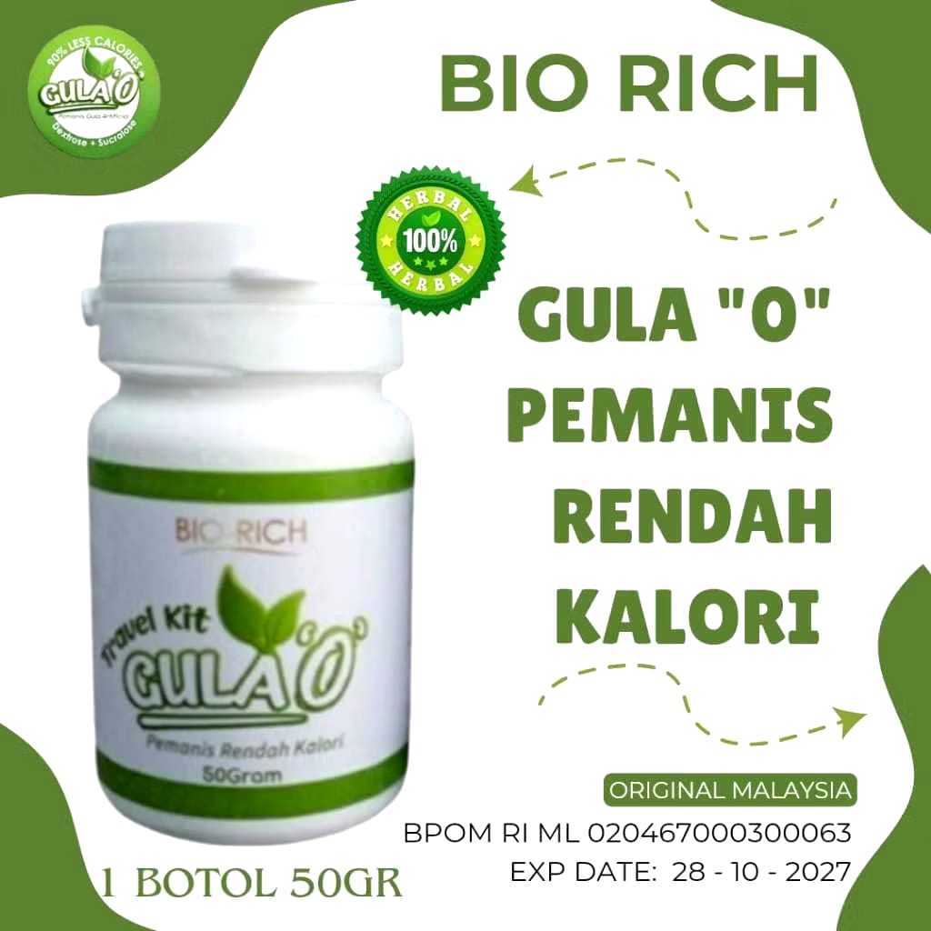 Gula O Gula 0 kalori Original Bio Rich Malaysia Gula Sehat 1 Botol isi 50gram Original.