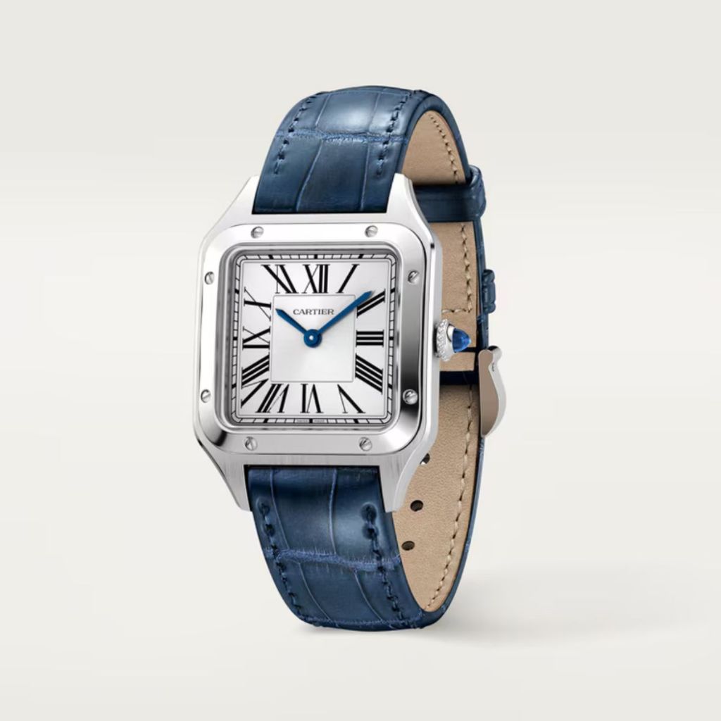 Cartier Santos Dumont Small Silver Dial Croco Embossed Leather Strap Blue WSSA0086 Authentic