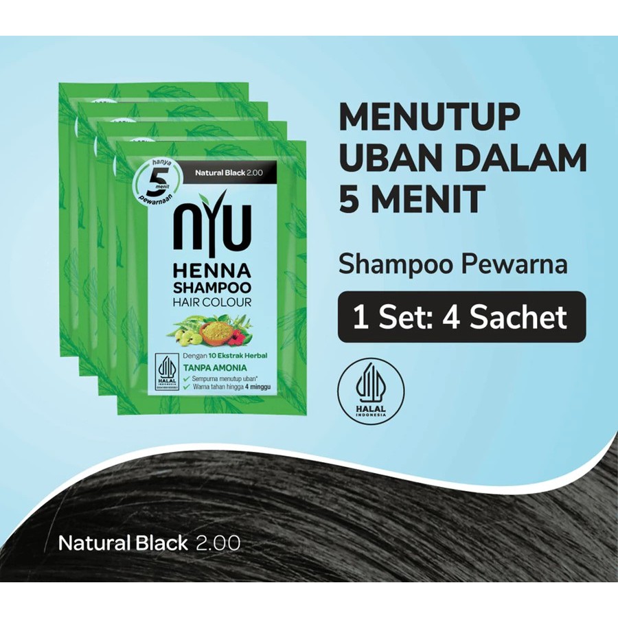 Nyu Henna Shampoo Sachet Hair Color Natural Black Paket Hemat 4 Sachet Shampo Pewarna Rambut Hitam