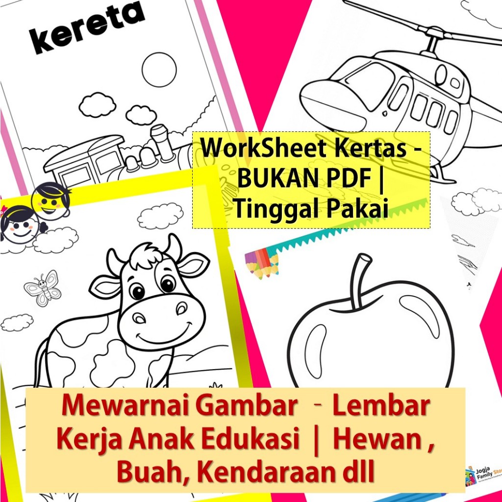 

Kertas lembar / worksheet mewarnai untuk anak TK SD Paud buku mewarnai A5 | BUKAN PDF | cetak