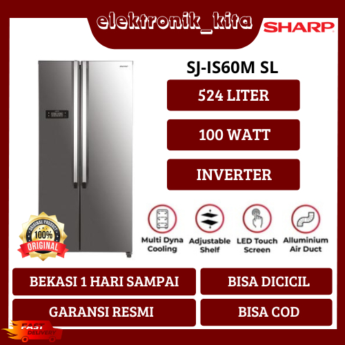 KULKAS SHARP 2 PINTU SIDE BY SIDE 524 LITER SILVER INVERTER JIS60M SL SJ IS60M 60M GARANSI RESMI