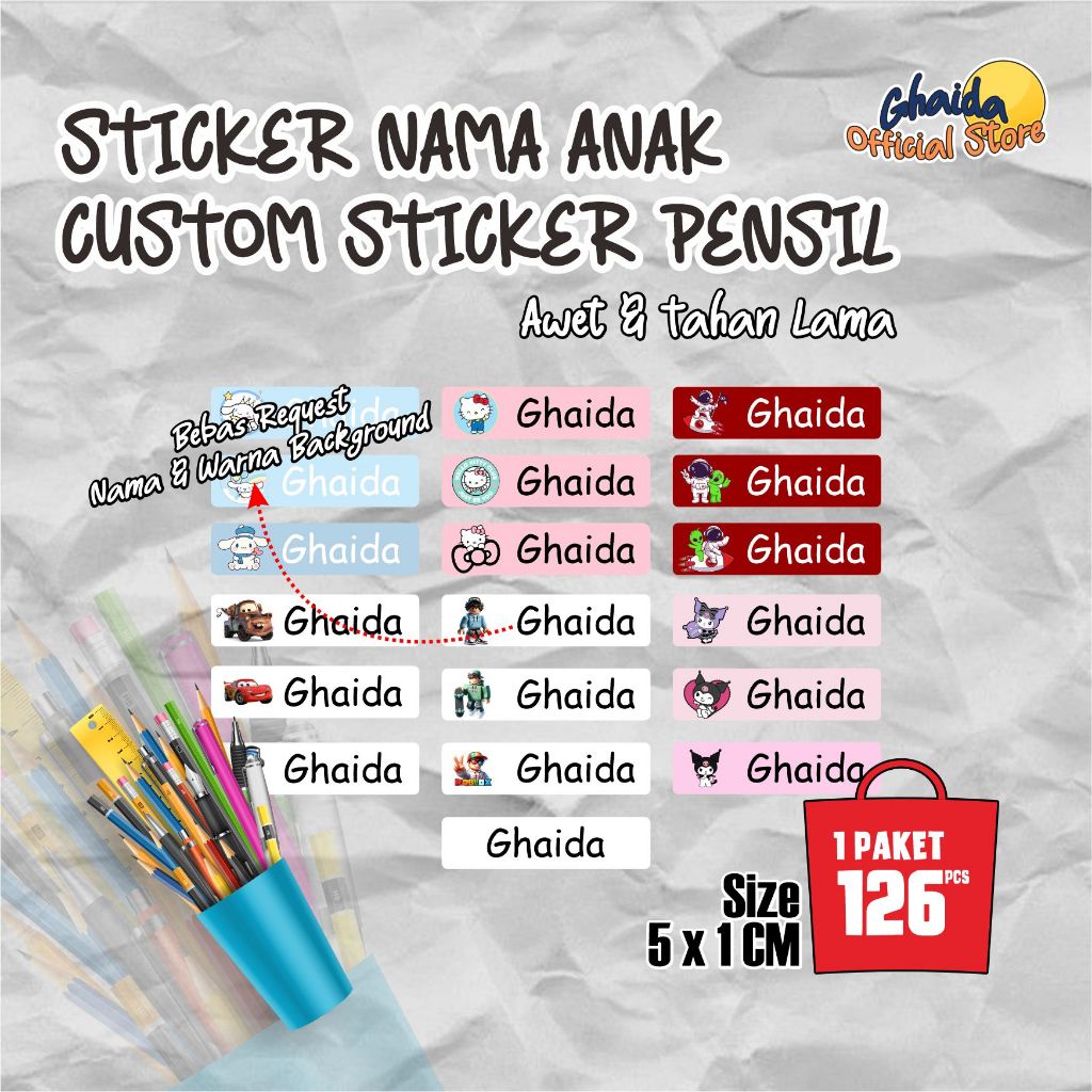 

STIKER LABEL NAMA ANAK 5X1 CM CUSTOM I STIKER PENSIL NAMA ANAK ANTI LUNTUR, Stiker Cinnamorol, Stiker Hello kitty, Astronot, stiker Kuromi, Stiker Cars, Stiker Roblox, Stiker pulpen, Stiker Penggaris, Stiker Penghapus, Stiker Spidol, Stiker Kotak pensil