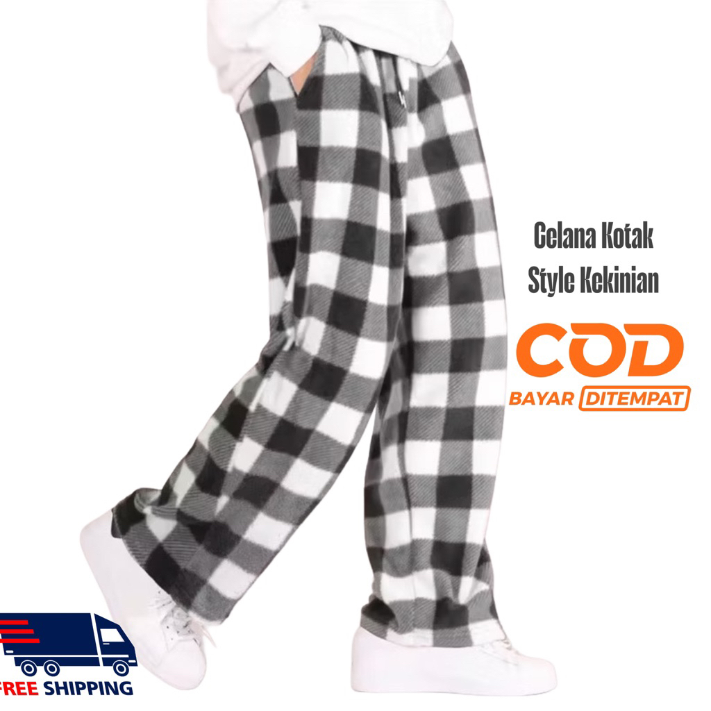Celana Panjang Pria Kotak-Kotak Hitam Putih Premium Best Quality - Chino, Keren, Tartan, Kekinian
