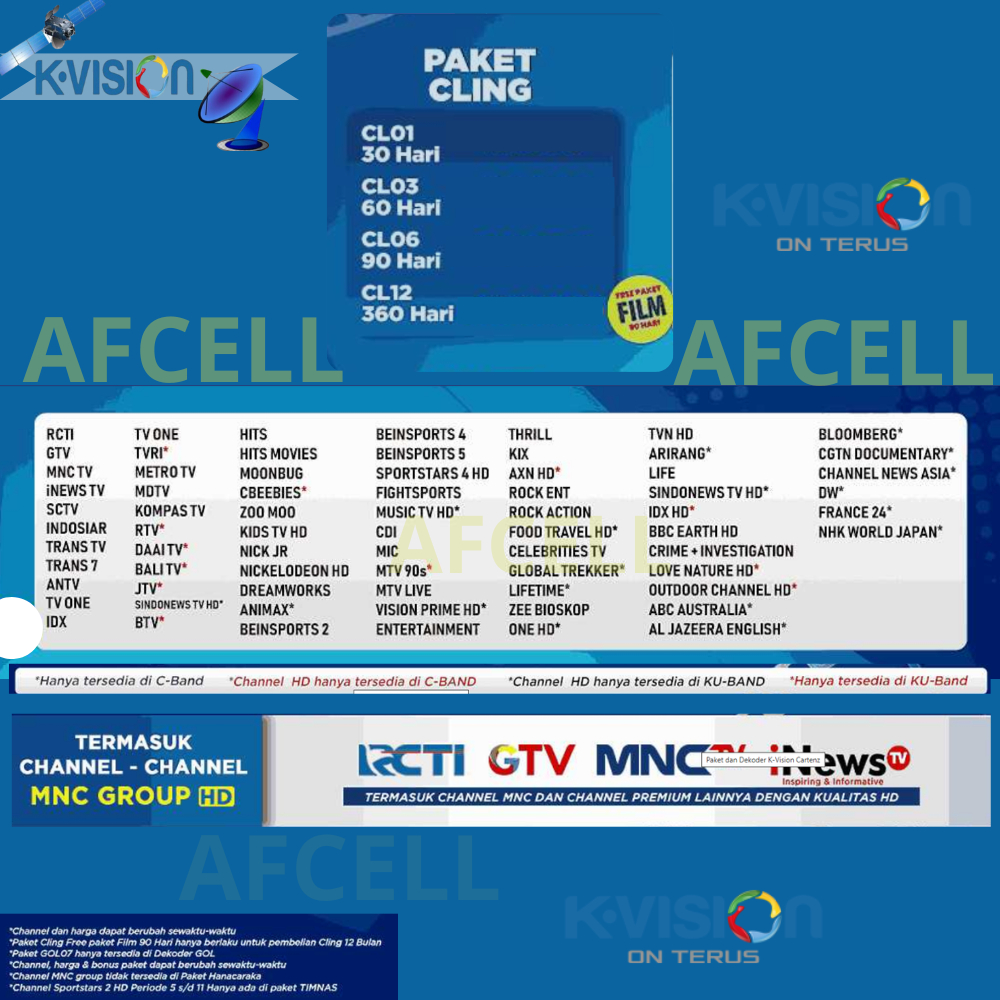 paket K Vision Cling 12Bulan receiver parabola optus lgsat c2000 dll mnc semua chanel lokal