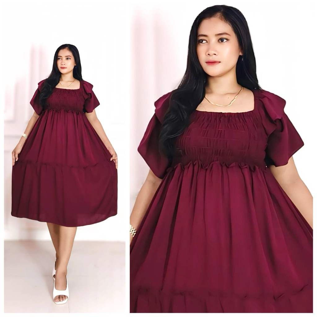 DASTER SMOKE LILY JUMBO LD 120cm PB 105cm LENGAN TUMPUK SUSUN REMPEL/GAUN WANITA JUMBO POLOS//DRESS 