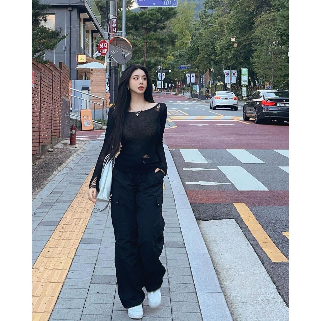 Celana Jeans Cargo Highwaist Wanita Kekinian - Ootd Korean Style