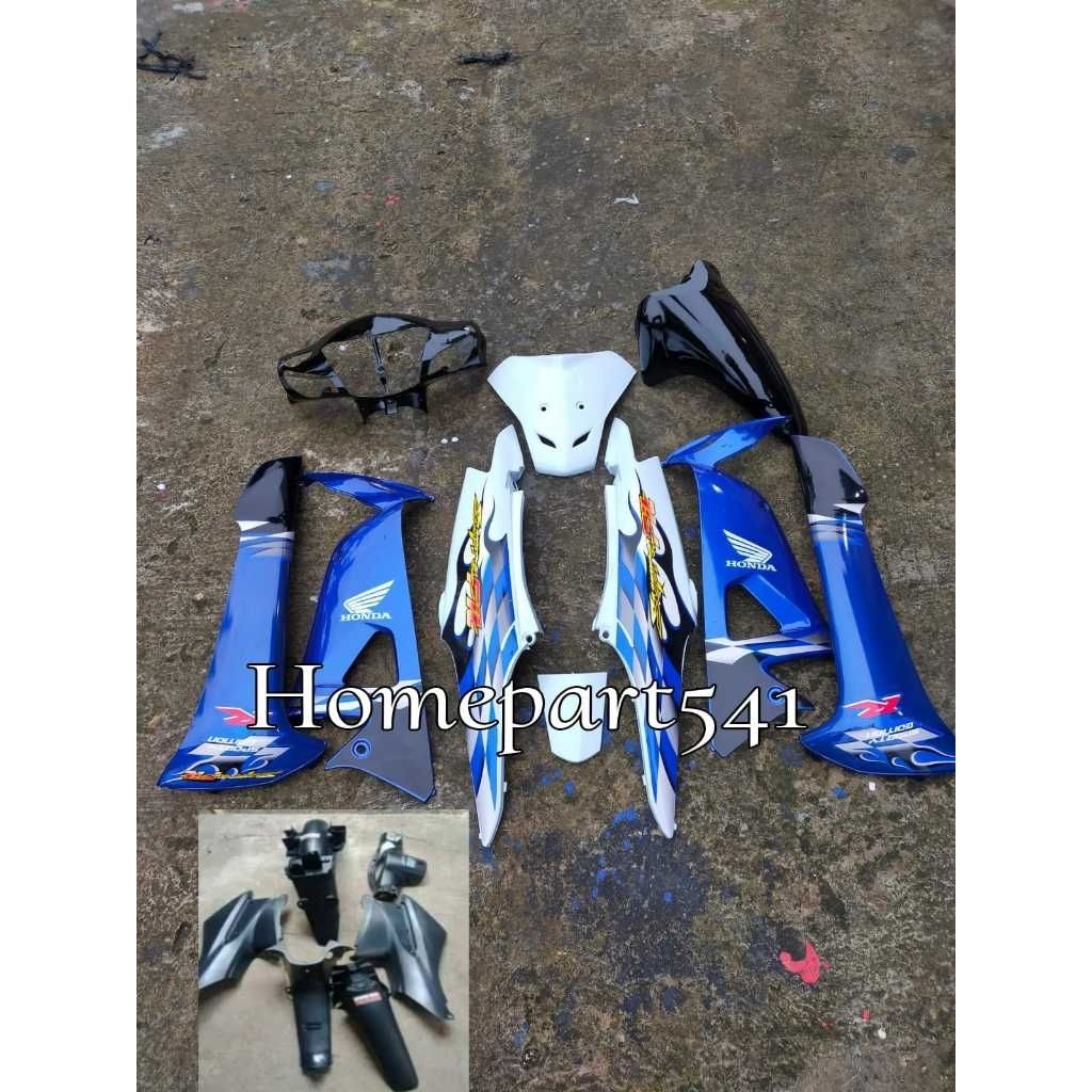 cover body halus Supra fit new biru putih striping api body halus Supra fit new biru putih fullset