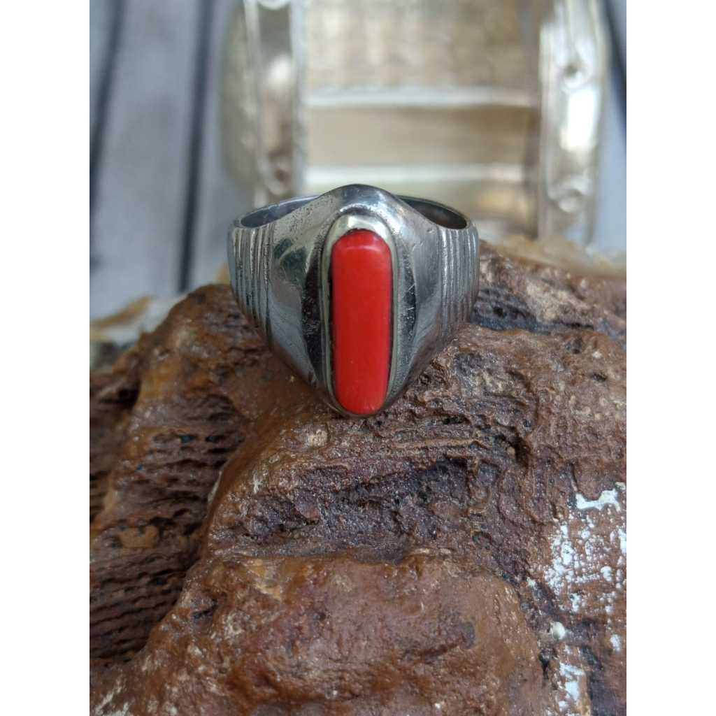 Natural Merah Marjan Kristal Ring Koin Handmade