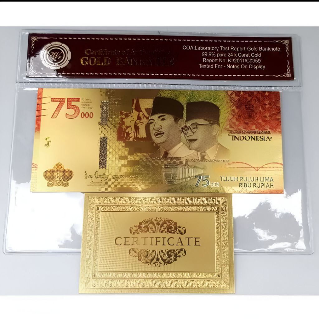 Souvenir Uang 75000 Gold Foil edisi khusus Soekarno Sertifikat dan Sampul