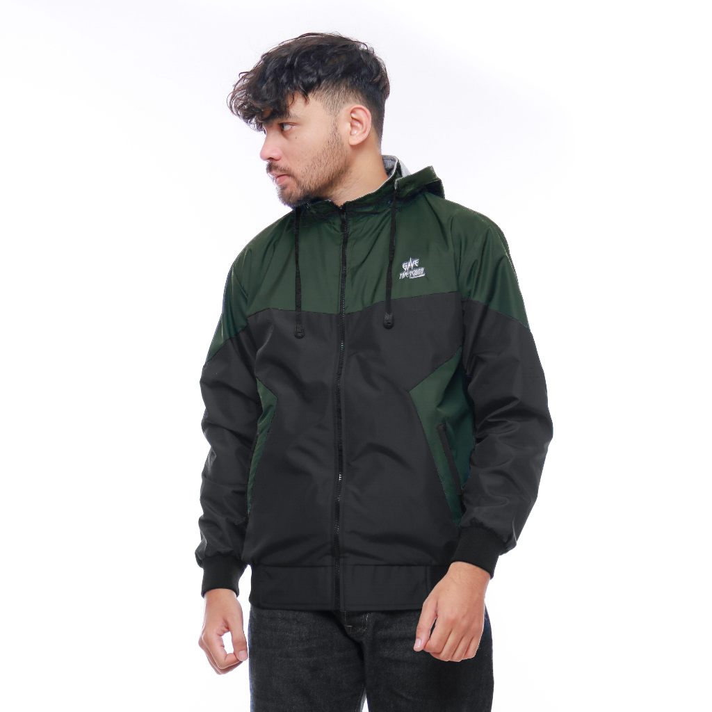 Jaket Bolak Balik Parasut Taslan Anti Air Pria dan Wanita Windbreaker Waterproof Hijau Army Hitam