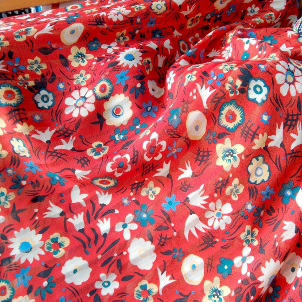 Kain Sifon Dobby Motif Bunga Merah, Premium untuk Pakaian & Hijab (Harga Kain Per½ Meter)