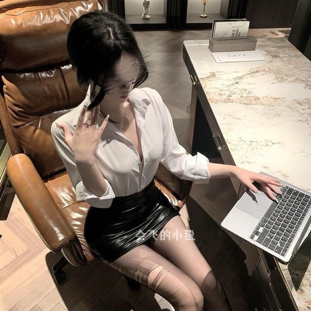 Kostum sekertaris kemeja sleeves + rok mini latex open side slit cosplay seksi wanita dewasa night c