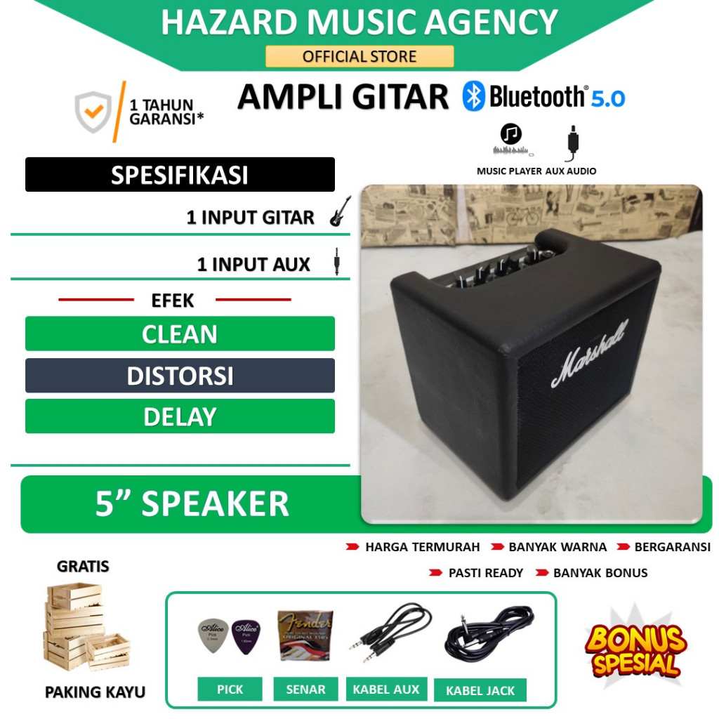 ampli gitar dan bass 5 inch marshall 2 Input plus efek distorsi & aux termurah bergaransi