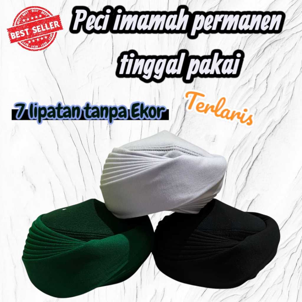 Peci/Peci Imamah Permanen 5 Meter/Peci Imamah Permanen 7 Lipatan/Peci Sorban Imamah Polos Tanpa ekor