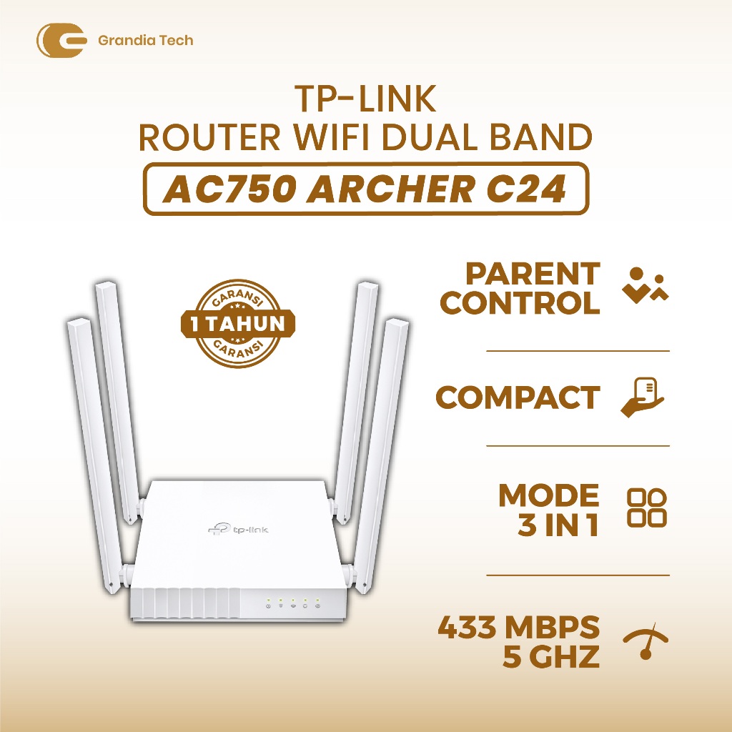 TP-Link Archer C24 AC750 Dual Band WiFi Router 4 Antena Cepat Stabil