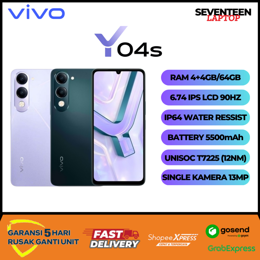 VIVO Y04S 4+4GB/64GB Kamera 13MP 6.7 INC IP64 GARANSI RESMI VIVO INDONESIA