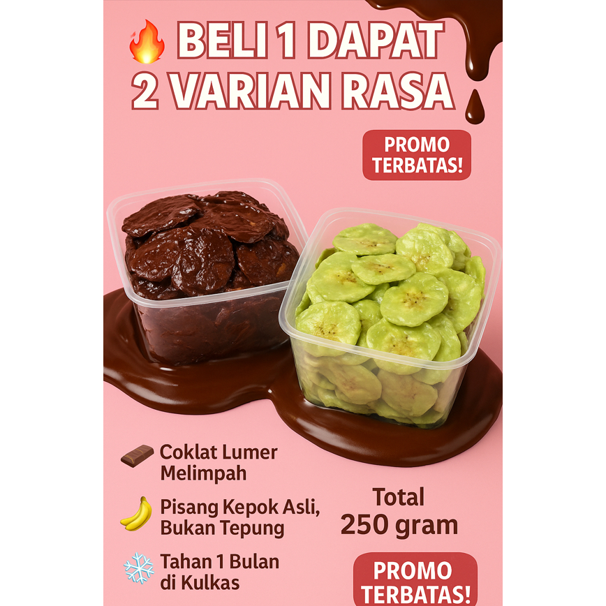 

keripik Pisang Kepok Coklat lumer 500 ML Snack Enak Renyah cemilan sultan coklat premium gak bikin enek