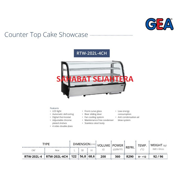 GEA Counter Top Cake Showcase RTW-202L-4CH Etalase Pendingin Kue – Lemari Kaca Display Chiller Mini 