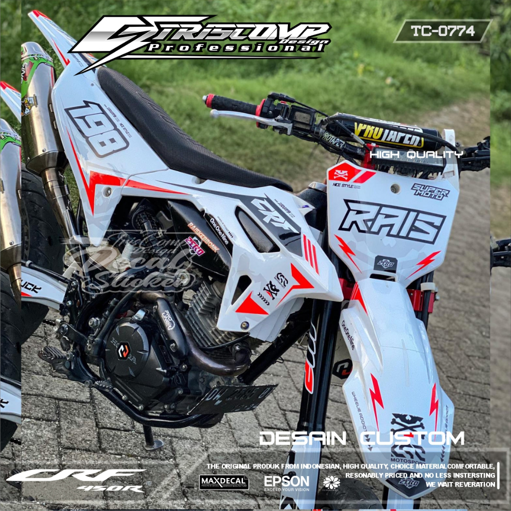 Stiker Custom Decal CRF 450 / CRF 150 L Fullbody Motif Simpel Putih Lis Merah Bisa Reques - Decal Mo
