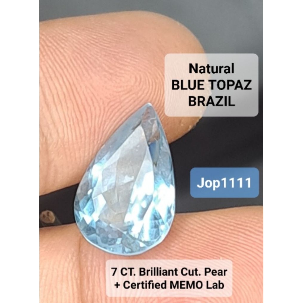 Natural BLUE TOPAZ BRAZIL 7 CT Brilliant Cut Swiss Blue + Certified MEMO GLI Lab Batu Topas Biru Per