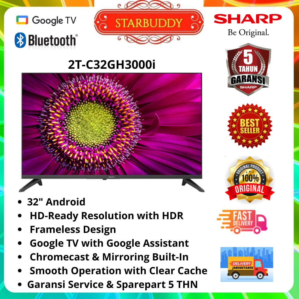 SHARP LED TV 2T-C32GH3000i LAYAR 32 INCH ANDROID GOOGLE TV BLUETOOTH  - DIGITAL TV