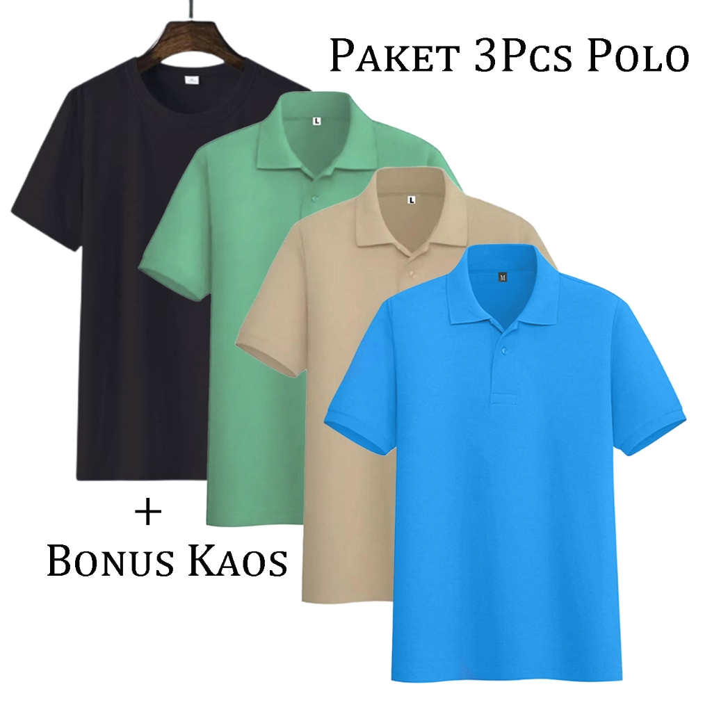 PROMO liso wear - 1Paket 3pcs110rb+free 1pcs Kaos Polos Hitam Kaos Kerah Pria Poloshirt Lengan