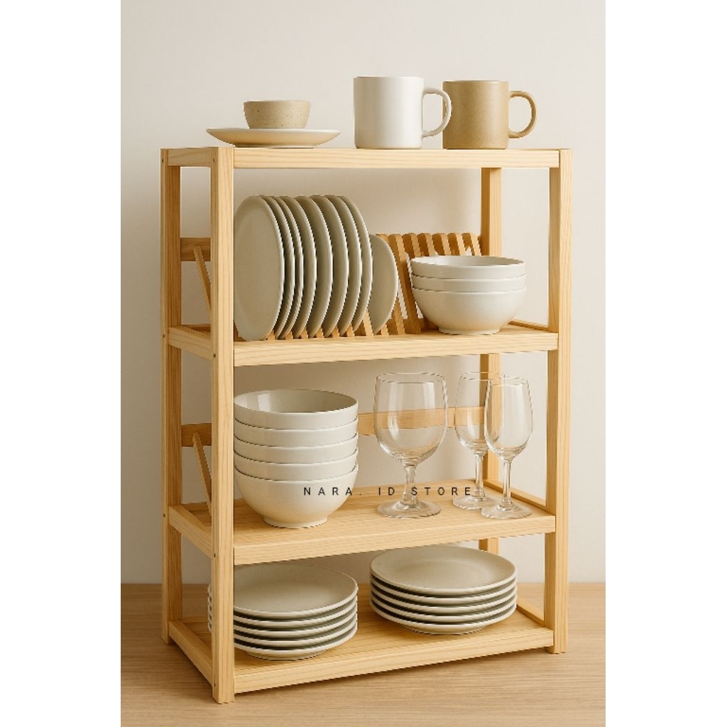 Rak Piring Kayu Jati Belanda 4 Tingkat Minimalis – Rak Dapur Serbaguna