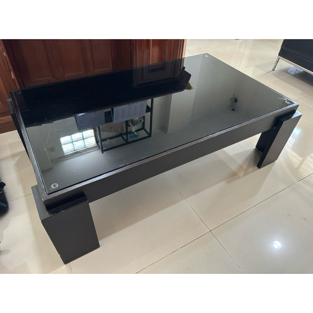 Meja CELLINI Bekas Coffee Table Dark Brown Coklat Tua Kaca dan Kayu