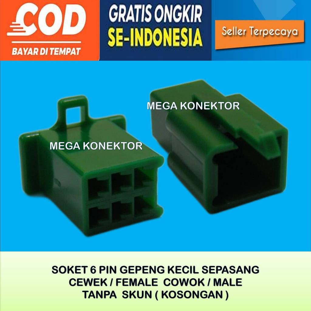 SOKET KABEL MOTOR 6 PIN KECIL  MALE FEMALE HIJAU KOSONGAN-SOKET–6 PIN- SOKET KABEL 6 PIN KECIL NYLON