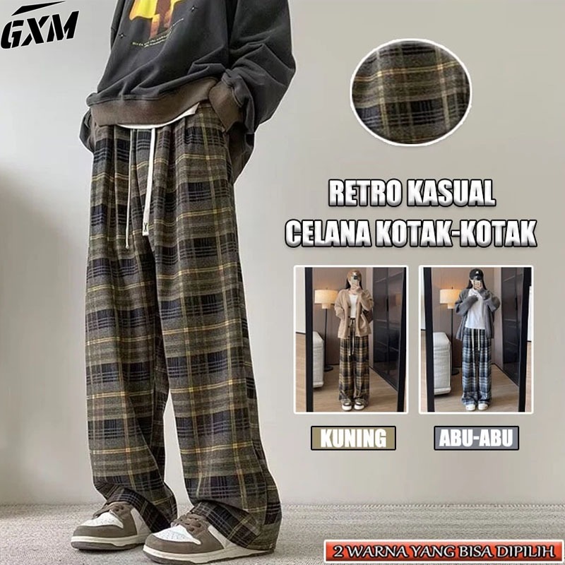 Celana Tartan Korean Style Celana Longgar Celana Terbaru Celana Kotak-kotak Pria/Wanita Musim Semi d
