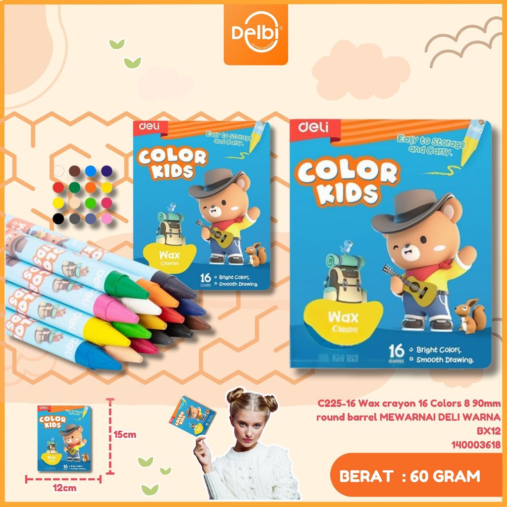 

Deli Crayon Lilin/Wax Crayon 16colors EC225-16 C225-16 Wax crayon 16 Colors 8 90mm round barrel