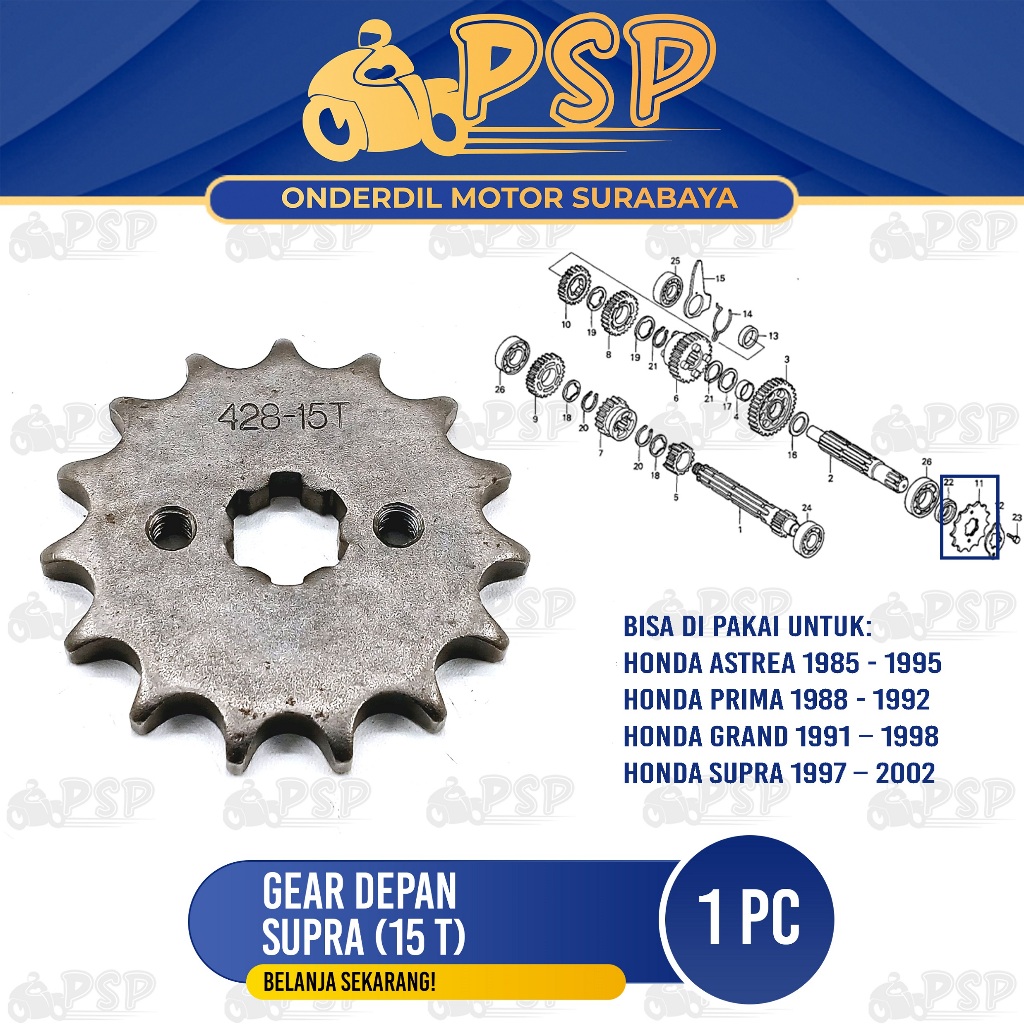 Ger Depan Supra (15T) 428 - Gear Gir Tarik Kecil Jumlah Gigi 15 Honda Astrea Prima Supra X Lama 100