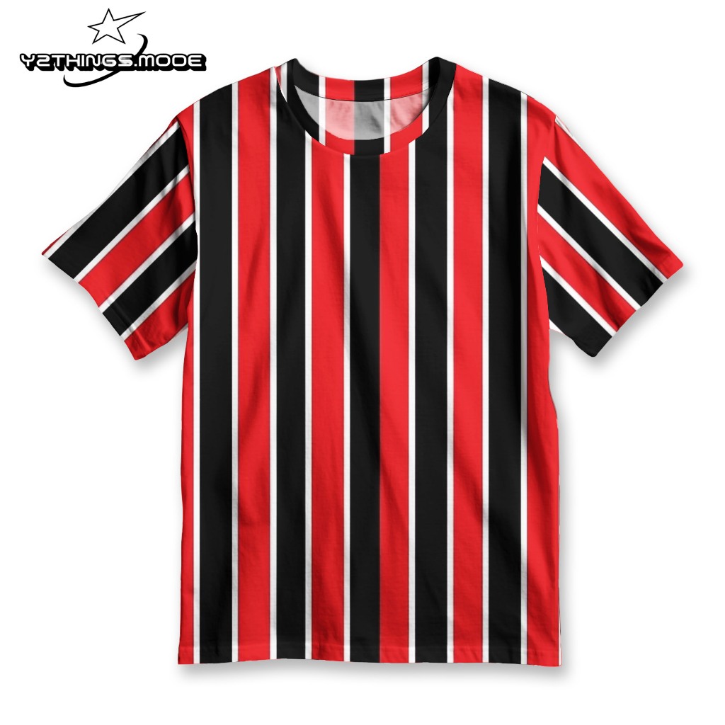 Y2THINGS Kaos Distro Oversize Motif Garis Vertikal Merah Hitam Putih – T-Shirt Aesthetic Streetwear 